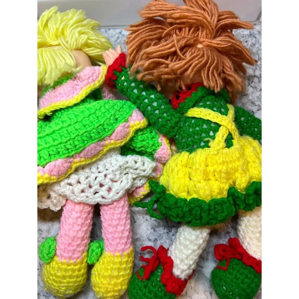 3 Vintage Crochet & Vinyl Dolls Retro Strawberry Lollipop Shortcake Style Yarn